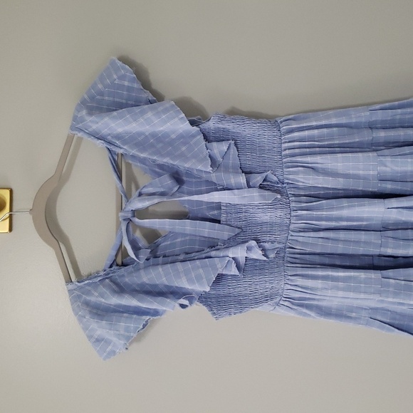 Fate Mini Dress Medium Plaid Blue White Ruffle Cap Sleeve Pockets Tiered Smocked - Picture 6 of 16